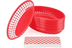 CHUIFAI Confezione da 50 cestini ovali in plastica per fast food, con 100 fogli di carta, per patatine fritte, panini, hamburger, picnic, barbecue, feste, colore rossi, 22 x 14 x 4 cm