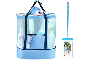 MECCTUCK Borsa Spiaggia Grande,Borsa Mare Impermeabile,Borsa Mare Bambina,Grande Borsa a Rete ​da Spiaggia con Cerniera,Borsa Mare con Piccola Borsa Impermeabile,per Spiaggia Viaggio Picnic Palestra（Blu）