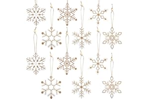 LEMESO 24 Navidad Colgantes de Madera Copo de Nieve Blanco y Oro Decoraciones para Árboles de Navidad Decoraciones para Hogar y Empaquetar