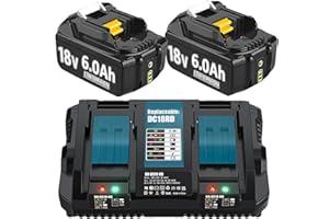 BONADGET 2 Batteries de Remplacement Haute capacité 18V 6.0Ah/6000 mAh pour Makita + Chargeur Double Port 6 A pour DC18RD Compatible avec BL1860B BL1860 BL1850B BL1850 BL1830 avec Batterie d'outils LED.