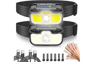 Hyted Latarka czołowa LED do ponownego ładowania, funkcja pamięci USB C, 2 sztuki, super jasne światło 2000 lumenów, 14 trybów, wodoszczelność IPX5, idealna do biegania, wędkowania,