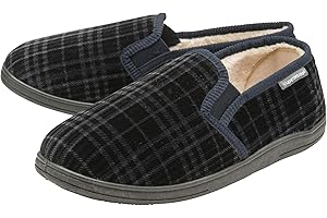 DUNLOP Mens Twin Gusset Full Back Comfy Fur Lined Memory Foam House Slippers with Outdoor Soles