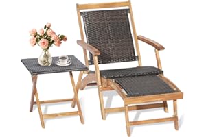 GIANTEX Juego de Tumbonas de Patio, Tumbona Plegable de Exterior de Madera con Mesa Auxiliar, Asiento y Tablero de Ratán con Reposabrazos y Otomana Retráctil para Patio, Piscina