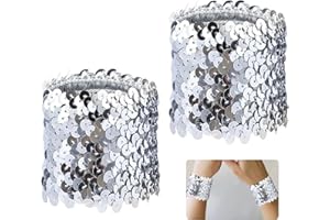STRRNG 2PCS Sequin Wrist Cuffs,Sparkly Silver Glitter Wristbands for Women,Stretchy Elastic Shiny Dress Accessories,Perfect for Stage Performances,Rave Dance,Cosplay&Costume Parties Girl For Costumes ﻿