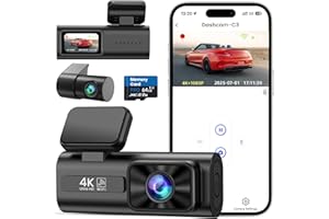 TINAZEOK C3 Dashcam Voiture Avant arrière, caméra 4K+1080P, Wi-FI 5GHz avec contrôle Via app, Carte SD 64GB, Vision Nocturne, Grand Angle 170°, WDR, stationnement 24H, capteur G, Installation Facile