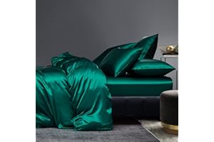 ‎BOQINGZHU Boqingzhu Satin Bed Linen, 135 x 200 cm Green Dark Green Plain Smooth Shiny Luxury Silk Bed Linen Set, Duvet Cover with Zip and Pillowcase 80 x 80 cm