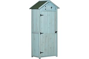 Outsunny Gartenschrank Holz, Geräteschuppen wetterfest 77x54,2x179cm, Gerätehaus mit Tür, Satteldach, Geräteschrank mit Böden, Werkzeugschrank Gartenschuppen für Garten, Terrasse, Hellblau+Grün