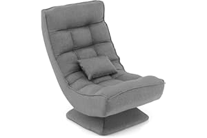 GOPLUS Chaise de Sol Pivotante Pliable avec Dossier Réglable 5 Positions et Coussin, Canapé Inclinable Méditation Charge 110KG, Salon et Chambre à Coucher (Gris, 63x71x92,5CM| Coussin)