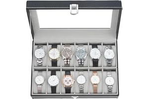 Caja Relojes con 12 Compartimentos, Ohuhu Caja para Relojes con Tapa de Cristal y Cojín Extraíble, Regalo para Cumpleaños Día