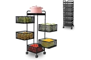 PINFENGJIAJU Rotating Kitchen Storage Rack No Assembly, Bathroom Shelf, Organizers and Storage Cart for Fruit Vegetable Grocery Corns Potato Onion(Black, 5-Tier Square)