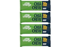 Chia Charge High Energy Chews for Running, Cycling, Hiking, Fitness, and Sports, Gel and Drink Alternative with Pink Himalayan Salt and Milled Chia Seeds, 30g Carbs (Mint, 4 Pack)