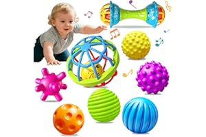 Ynanimery 8 Pack Baby Sensory Ball Toys for Newborn - Include MultiTextured Balls & Rattles for Early Development, Montessori Toys with Easy-Grip Soft Rubber Balls, Perfect for Birthady Gift