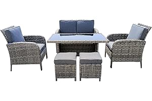 AZRBOPO 6 Piece Rattan Garden Furniture Set, Patio Wicker Dining Table Sets with Tempered Glass Top Table, Padded Sofa, Armchair, Stools, All Weather Patio Conversation Set