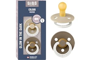Tétine BIBS Colour Glow. Lot de 2 sucettes. Brillent dans le noir. Sans bisphénol A, Téterelle ronde. Latex de caoutchouc naturel. Taille 1 (0-6 mois), Vanilla NIGHT/Dark Oak NIGHT