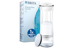 BRITA Wasserfilterkaraffe, weiß (1,3L) inkl. 1 MicroDisc Wasserfilter – stilvolle, nachfüllbare Karaffe für zuhause, passt in die Kühlschranktür, reduziert PFAS, Chlor, Mikropartikel im Leitungswasser