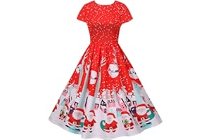 HAOLEI Women Christmas Dresses UK Clearance,Ladies Short Lace Sleeve Santa Print Elf Xmas Dresses,Flared A Line 1950s Swing Dress Christmas Costume for Cocktail Party Size 8-16