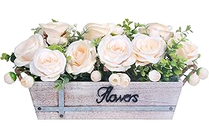 HOPEME Rustic Wooden Tray Table Centrepiece with 3 Artificial Champagne Rose Flowers and Eucalyptus, Artificial Flower Table Decoration for Farmhouse Dining Room, Kitchen, Living Room & Coffee