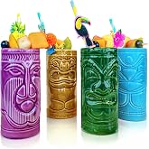 MikaMax Tiki Mugs Set - Set of 4 Ceramic Cocktails - Cocktail Glasses - Tiki Bar Glasses - Ceramic Mug - 29 x 8 x 15 cm - Coc