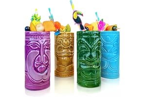 mikamax Tiki Mugs Tiki Tiki Lot de 4 Gobelets à Cocktail Verre Cocktail Accessoires Tiki Bar Décoration Fête 14cm x 6,5 Ø Tiki Cocktail Party Party