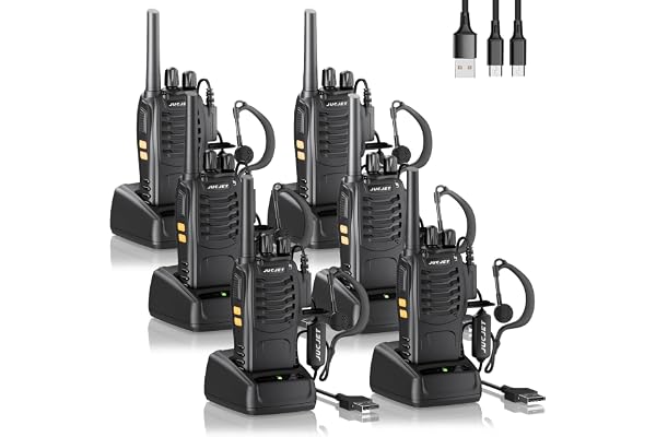 JUCJET 88E Walkie Talkie, Licence-Free PMR446 16 Channel Radios, Handheld Radio, Built-in LED Torch with USB Connection and Headset (Black-6 Pack)