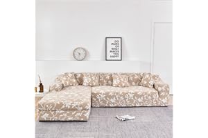 SHOWYLIVE Copridivano Universale con Penisola per Divani in Poliestere a Forma di L, Elasticizzato Componibile in Poliestere, Copridivano con Penisola Elasticizzato, 3 Posti + 3 Posti, motivo floreale bianco
