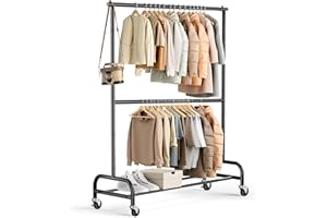 MISSLO Double Clothes Rail on Wheels, Heavy Duty Clothing Racks for Hanging Clothes Rack 2 Tier Garment Rack Rolling Coat Rail, Free Standing, Metal, 195 cm Height Adjustable, Black
