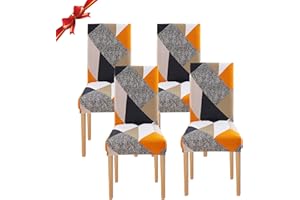 Jaotto Fundas para Sillas de Comedor Pack de 4,Modernas Fundas de Sillas de Comedor Respaldo Alto Elásticas Lavables Desmontables,Cubiertas para Sillas para Hotel Banquete(Geometría Naranja,4 Piezas)
