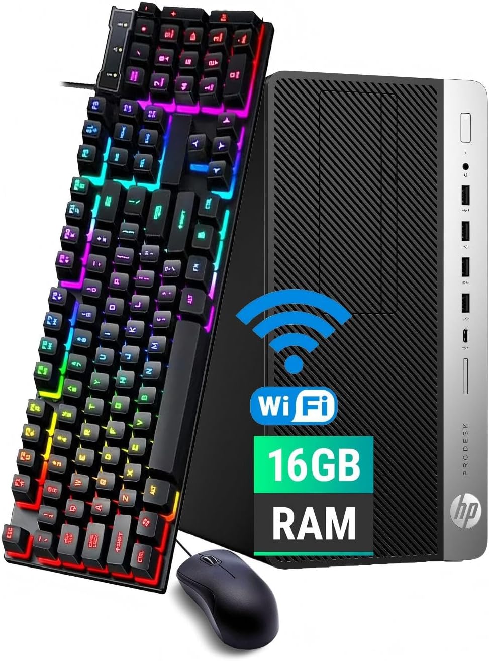 HP ProDesk 600 G4 Mini Tower Desktop Computer, Intel Core i7-8700, 16GB RAM, SSD 512GB, Bluetooth, teclado QWERTY RGB, ratón, USB WiFi, Windows 11 Pro (reacondicionado)