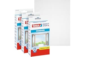 Tesa Insect Stop Zanzariere Attacca & Stacca STANDARD per Finestre - Set di 3 - Zanzariera Adesiva - Rete per Zanzariera Regolabile a Piacere - Bianco, 130 cm x 150 cm