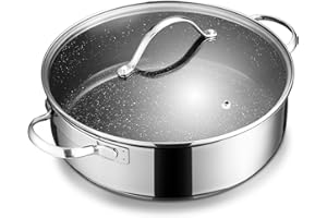 BEZIA Schmorpfanne 28cm Induktion, Schmortopf mit Deckel 5,1l, Edelstahl 18/10 beschichtet, Pfanne Bratpfanne Servierpfanne für alle Herdarten geeignet, backofenfest, hoher Rand