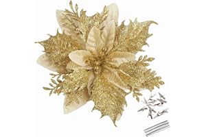 GREENTIME 12 Pcs Glitter Poinsettia 5.5" Artificial Flowers Christmas with Clips Stems Xmas Tree Ornaments for Wedding Party Wreath Decoration (Golden)