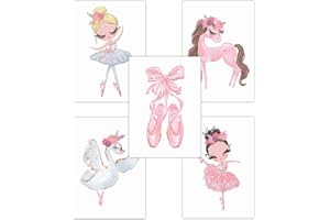 Pandawal Kinderzimmer deko Mädchen Wandbilder Ballerina Schwan/Pferd Rosa Bilder 5er Poster Set (T7) im DIN A4 Format