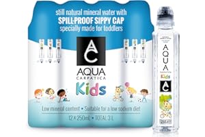 AQUA Carpatica Kids 250mlx12 - Pure Natural Still Mineral Water for Children with Spill-Proof Sippy Cap, Virtually Nitrate-Free, Low Sodium, Naturally Alkaline, Perfect for Lunchboxes, 100% Recyclable