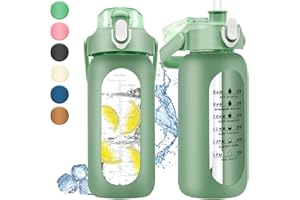 BYMUGO Szklana butelka na wodę o pojemności 1 l ze znacznikiem czasu, 1000 ml, duże sportowe motywacyjne butelki na wodę z uchwytem i silikonowym etui, 1 litrowa szczelna butelka na napoje na siłownię,