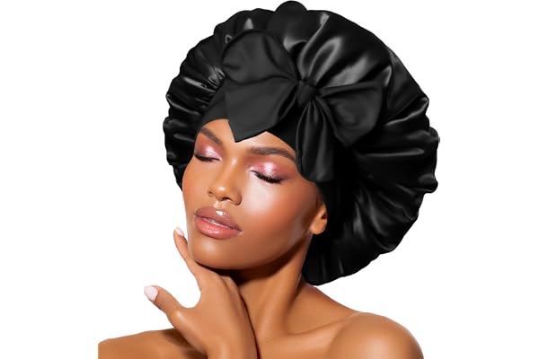 BONNET QUEEN Bonnet Satin Cheveux Nuit pour Dormir, Bonnet en Satin pour Cheveux Charlotte Locks Bouclés, Ajustable avec Long Elastique pour Femmes et Hommes,Noir,Moyen