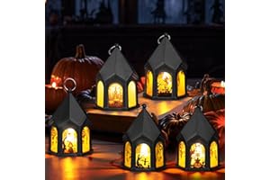 Hzdyopk 5 Stück Halloween Laterne, Halloween Deko Licht, Tragbare Halloween Laterne Outdoor in Form eines Schlosses mit Batterie Hängeleuchten für Halloween Party Indoor Outdoor Gärten Baum
