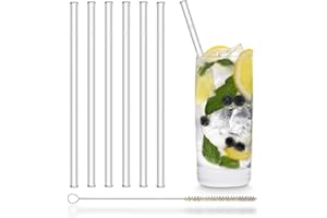 HÅLM HALM szklane słomki wielokrotnego użytku - 6 sztuk proste 20 cm + plastikowa szczotka do czyszczenia - nadające się do zmywarki - ekologiczne - szklane rurki do long drinków, koktajli, soków