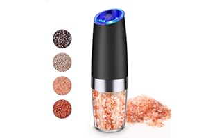 MaxMiuly Salt or Pepper Grinder Gravity Electric Salt Grinder Battery Powered Pepper Mill Adjustable Grinder Coarseness with Blue LED Light Black