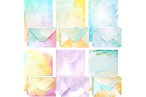 KSIWRE Watercolor Stationary Paper and Envelopes Set, 24 PCS Colorful Writing Stationery Paper with 12 PCS Envelopes,Pretty Watercolor Styles Stationery Printed Design for Love Letter, Party Invitations