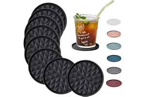 Wingcases Coasters Set of 8 [No Holder] Non-Slip Black Round Cup Silicone Mats for Drinks Coffee Beer Wine Glasses Bottles Reusable Home & Bar Accessories 10cm