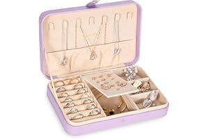 LANDICI Small Jewellery Box Organiser for Women Girls, PU Leather Travel Jewelry Storage Case, Portable Jewellery Holder Tray for Ring Earrings Necklace Bracelet, Jewelry Gift Box Kids,Lavender