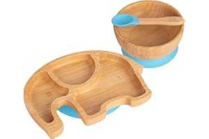 Tiny Dining Baby Dinner Set - Elephant - Blue - 3pc - Divided Non-Slip Bamboo Self-Feeding Weaning Plate, Bowl & Spoon for Babies, Toddlers, Children