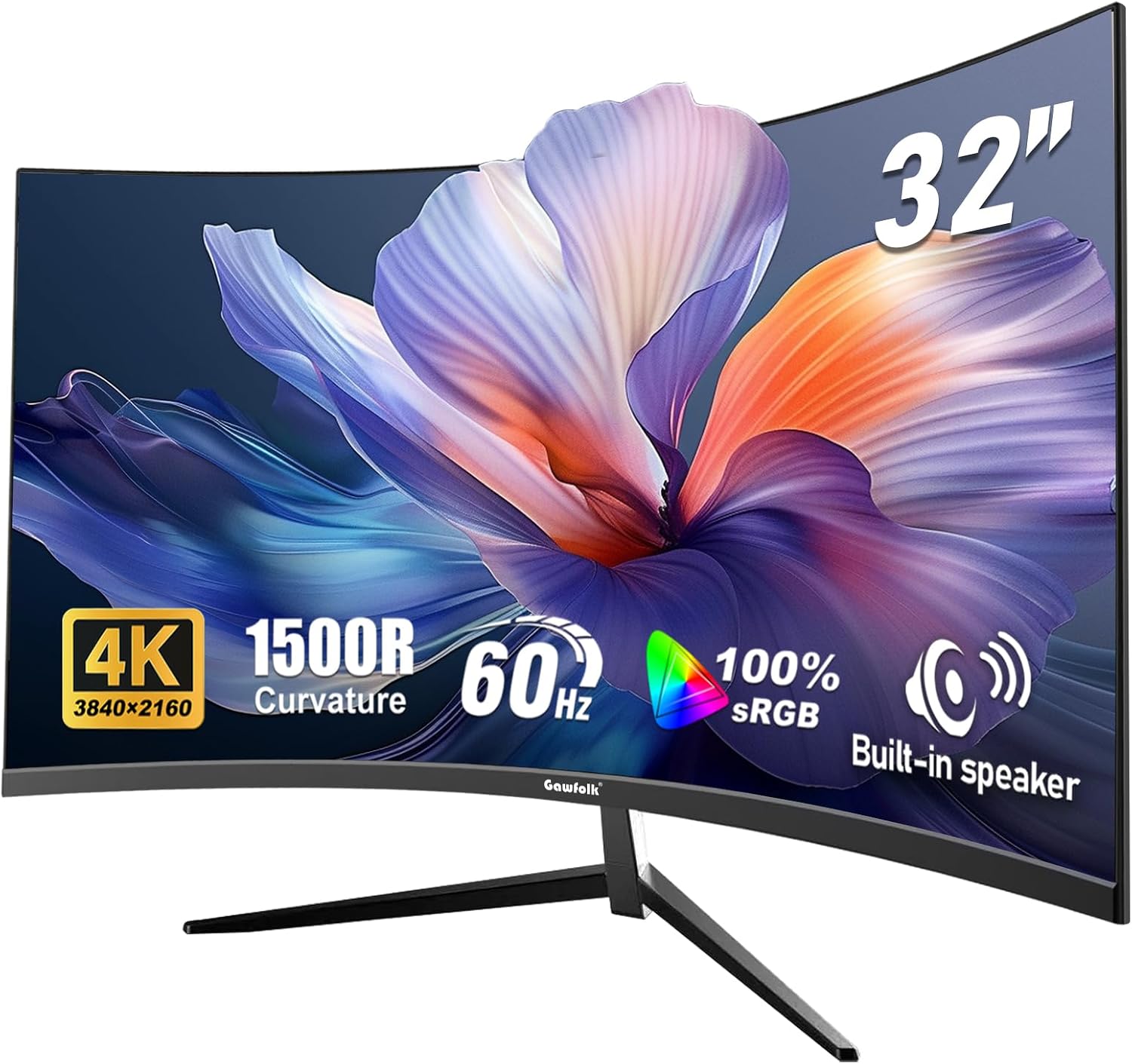 Gawfolk 32 Inch 4K UHD Curved 1500R Computer Monitor, Ultra-Clear (3840×2160p) Screen, 100% sRGB, 178° Viewing Angle, DisplayPort 1.4, HDMI 2.0, Compatible with Wall Mounting 100 * 100MM - Black