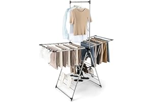 COSTWAY Sechoir à Linge Pliable, Etendoir Linge Interieur Pliable en Alu avec Cintre Haut et Filet de Séchage, Tancarville Linge Réglable 77-127 cm, 4 Porte-Chaussures, Pince de Chaussette Amovible