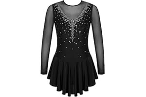 IEFIEL Robe Gymnastique Enfants Filles Justaucorps Patinage Sur Glace Strass Artistique Enfant Justaucorps Ballet Danse Spectacle à Manches Longues Dancewear 4-16 Ans