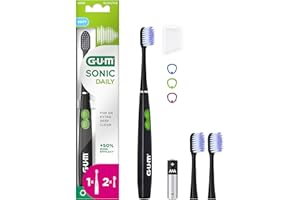 GUM SONIC DAILY Brosse à dents sonique électrique à piles | Pour un nettoyage en douceur et en profondeur | 1x brosse à dents, 2x têtes de brosse de rechange, 1x pile AAA (Noir)