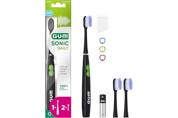 GUM SONIC DAILY Brosse à dents sonique électrique à piles | Pour un nettoyage en douceur et en profondeur | 1x brosse à dents, 2x têtes de brosse de rechange, 1x pile AAA (Noir)