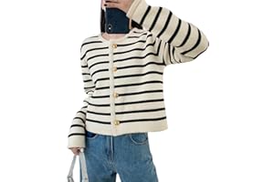 MAOAEAD Lady Patch Pocket Cardigan Gold Buttons Striped Cardigans for Women Fall Long Sleeve Cardigan Sweater Jacket