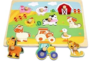 Kulveanju Holzpuzzle 1 Jahr, Montessori Kinder Puzzel mit Griff, Lernspielzeug Puzzle Kleinkind Spielzeug, Montessori Tiere Steckpuzzle Holz Spielzeug Geschenk für Baby 1 2 3 Jahr