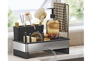 ‎SONGMICS SONGMICS Spülbecken-Organizer, Küchen-Organizer mit Schwammhalter, Spüle Organizer, für Bürsten, Spülmittel, Spültuchhalter, Edelstahl, platzsparend, drehbarer Ablauf, tintenschwarz-silbern KCS555BH01